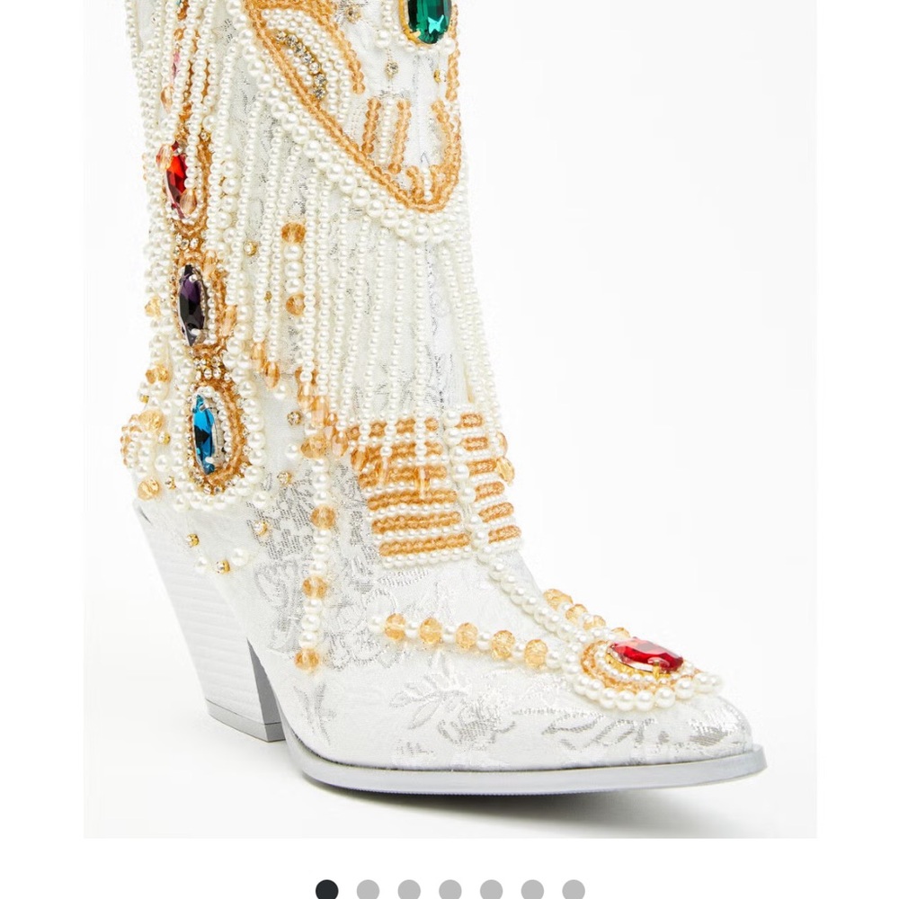 Embellished White Heeled Boot with Multicolor Gems